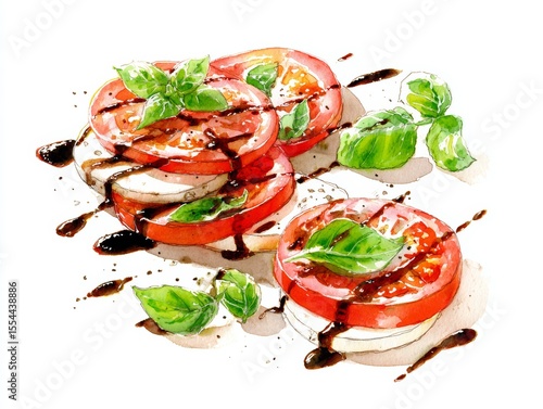 Watercolor depiction of sliced tomato mozzarella and fresh basil leaves gently drizzled with balsamic vinegar on white surface