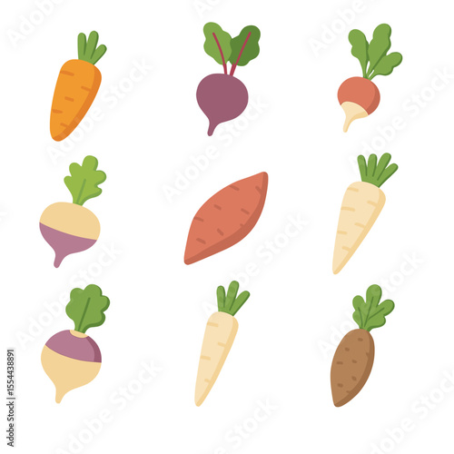 Root Vegetables Icons. Isometric Flat icon set of root vegetables harvest: carrot, beetroot, radish, turnip, sweet potato, parsnip