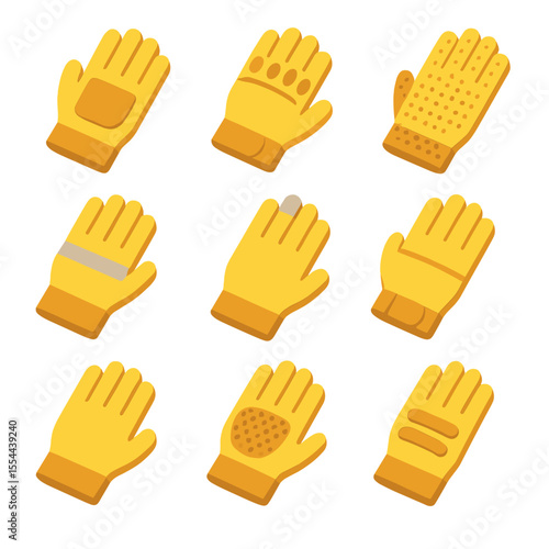 Safety Glove Icons. Isometric Flat icon set of safety glove features: reinforced palm, padded knuckles, grip dots, reflective