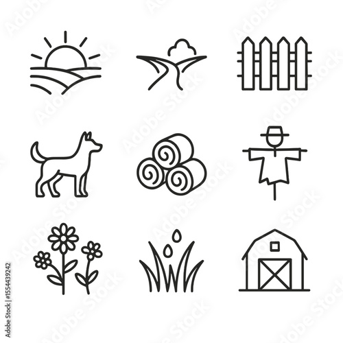 Rural Dawn Icons. Outline icon set of rural life at dawn: sunrise over fields, dirt farm path, picket fence, farm dog silhouette,