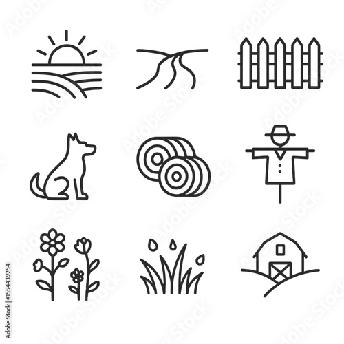 Rural Dawn Icons. Outline icon set of rural life at dawn: sunrise over fields, dirt farm path, picket fence, farm dog silhouette,
