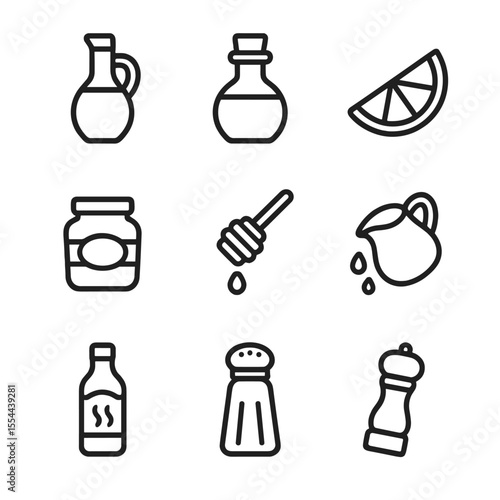Salad Dressing Icons. Outline icon set of salad bowl dressings and condiments: olive oil, balsamic vinegar, lemon wedge, mustard