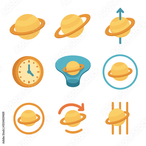 Saturn Icon Grid. Isometric Flat icon set of Saturn gravitational and orbital characteristics: oblate spheroid, orbital path
