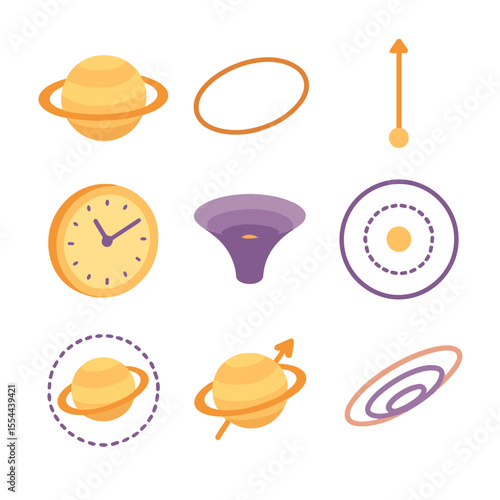 Saturn Icon Grid. Isometric Flat icon set of Saturn gravitational and orbital characteristics: oblate spheroid, orbital path