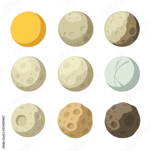 Saturn's Moons Icons. Isometric Flat icon set of Saturn major moons: Titan, Rhea, Iapetus, Dione, Tethys, Enceladus, Mimas,