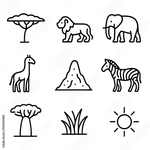 Savanna Icon Set. Outline icon set of savanna habitat: acacia tree, lion, elephant, giraffe, termite mound, zebra, baobab tree,