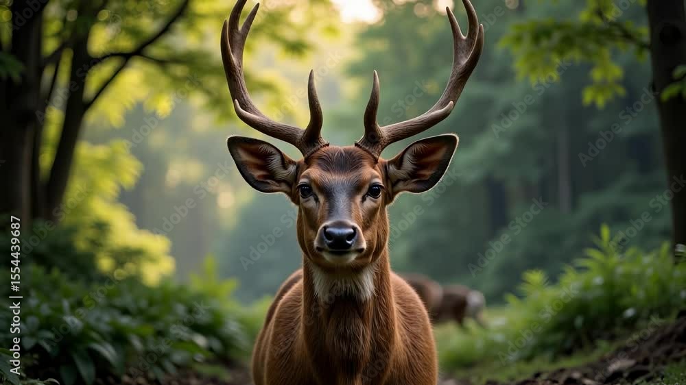 Majestic deer stands alert in its natural woodland habitat, surrounded by lush foliage and dappled sunlight. Majestic deer stands alert in its natural woodland habitat, surrounded by lush foliage and dappled sunlight.