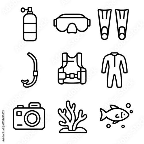Scuba Diving Icons. Outline icon set of scuba diving adventures: scuba tank, diving mask, fins, snorkel, buoyancy compensator,