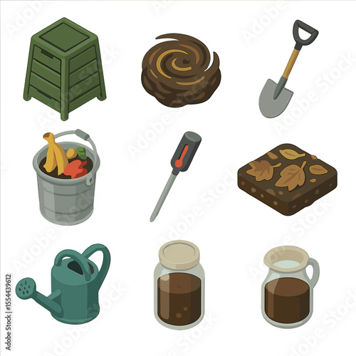 Seasonal Compost Icons. Isometric Flat icon set of seasonal composting: compost bin, swirling compost pile, shovel, garden fork,