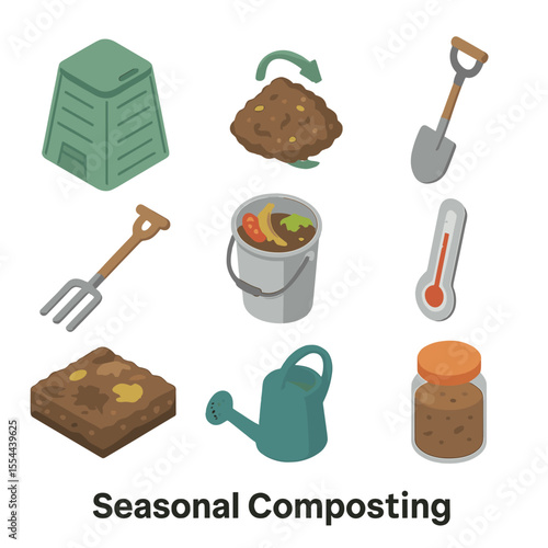 Seasonal Compost Icons. Isometric Flat icon set of seasonal composting: compost bin, swirling compost pile, shovel, garden fork,