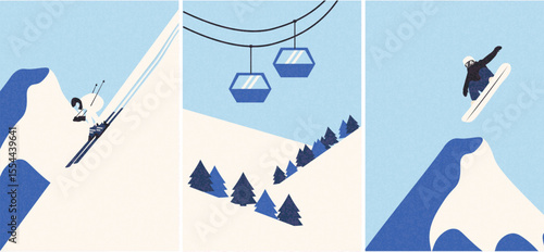 Flat vector winter sports illustration featuring a skier on a slope, a snowboarder jumping off a mountain, and ski lifts above snowy pine hills. Minimalist modern design with bold colors, perfect for 