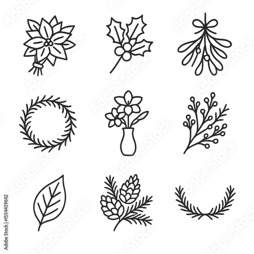 Seasonal Floral Icons. Outline icon set of Seasonal Floral Arrangements: poinsettia bouquet, holly sprig, mistletoe bunch,