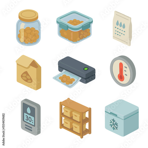 Seed Storage Icons Set. Isometric Flat icon set of seed storage and preservation: glass jar, airtight container, desiccant packet,