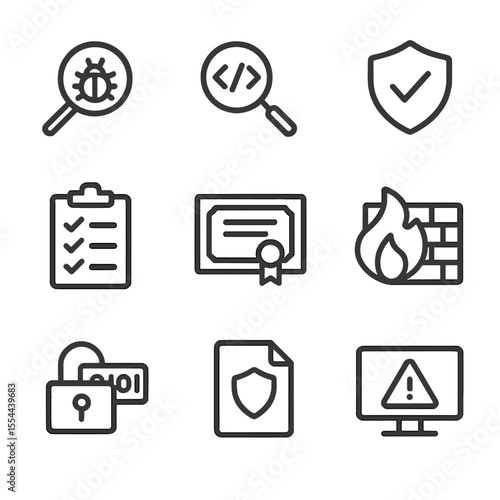 Security Icon Set. Outline icon set of security scanning and compliance: vulnerability scanner, code scan, security badge,