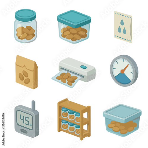 Seed Storage Icons Set. Isometric Flat icon set of seed storage and preservation: glass jar, airtight container, desiccant packet,