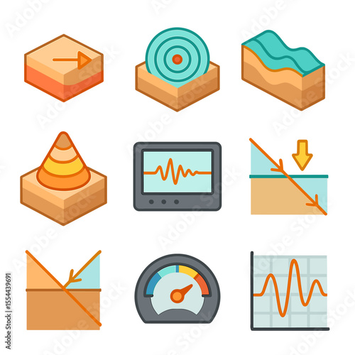 Seismic Wave Icon Set. Isometric Flat icon set of seismic wave propagation: P-wave pulse, S-wave ripple, surface wave undulation,