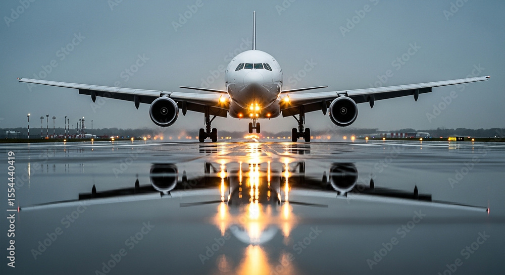 Obraz premium Commercial airplane prepares for takeoff on a wet runway with striking reflections