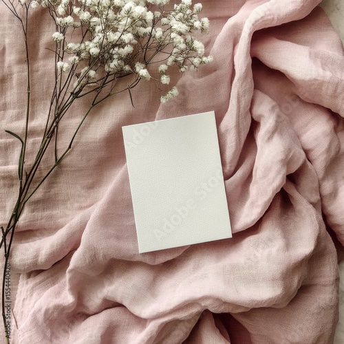 Blank invitation card on pink linen textile surrounded dried flowers and pampas grass, Boho invitation card mockup