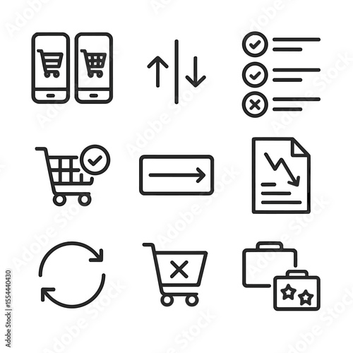 Shopping Cart Icons. Outline icon set of Multi-Cart Comparison and Favorites: side-by-side cart screens, compare icon, selection