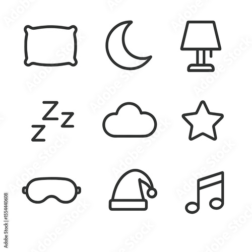 Sleep Aid Icons. Outline icon set of sleep and mindfulness aids: pillow, moon, star, bedside lamp, zzzz symbol, dream cloud, sleep