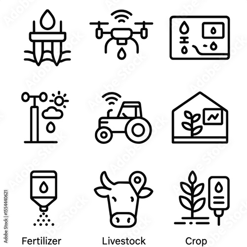Smart Agriculture Icons. Outline icon set of smart agriculture: soil moisture sensor, drone, irrigation controller, weather