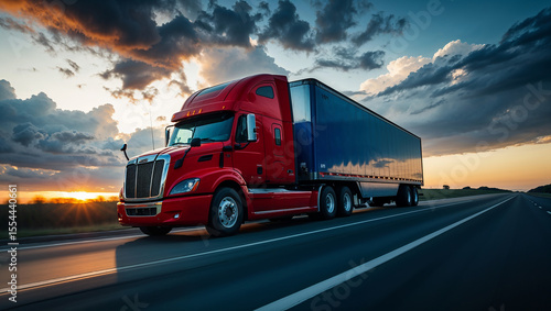 Wallpaper Mural Red truck delivering goods on highway at sunset Torontodigital.ca