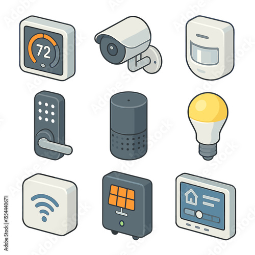 Smart Home Icons. Isometric Flat icon set of smart home technology: smart thermostat, security camera, motion sensor, smart lock,