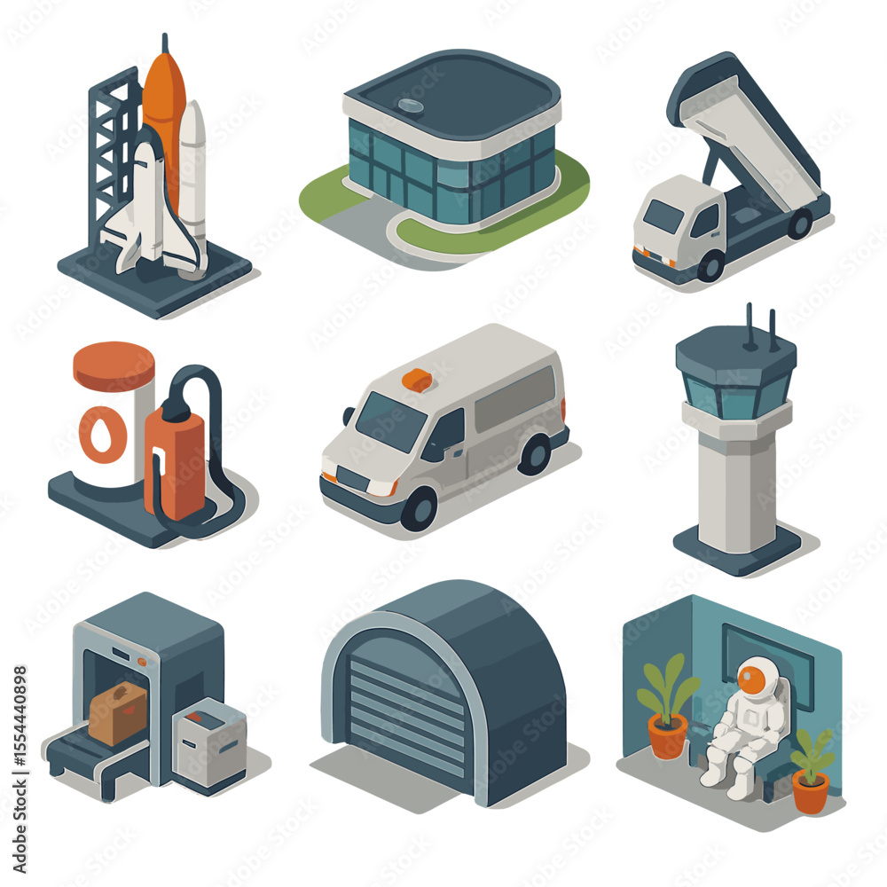 Naklejka premium Spaceport Facilities Icons. Isometric Flat icon set of spaceport facilities: launch tower, passenger terminal, boarding ramp,