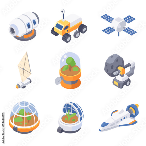 Space Colonization Icons. Isometric Flat icon set of space colonization tech: space habitat module, lunar rover, Mars rover,