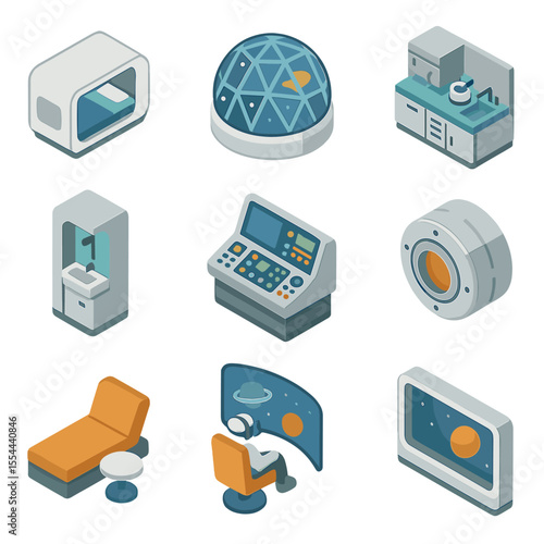 Space Hotel Icon Set. Isometric Flat icon set of space hotel interior: sleeping pod, observation dome, galley module, hygiene