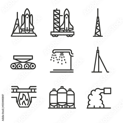 Space Shuttle Icon Set. Outline icon set of space shuttle launch infrastructure: launch pad, fixed service structure, mobile