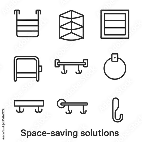 Space-Saving Icon Set. Outline icon set of space-saving solutions: over-the-door rack, corner rack, recessed rack, fold-down rack,