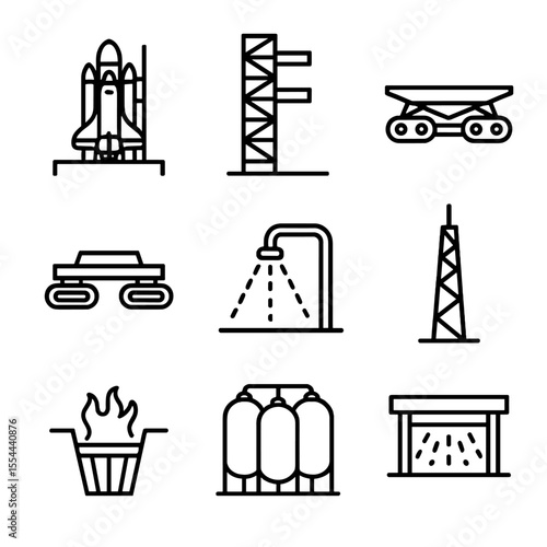 Space Shuttle Icon Set. Outline icon set of space shuttle launch infrastructure: launch pad, fixed service structure, mobile