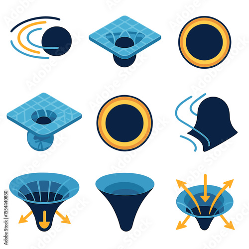 Isometric Space Icons. Isometric Flat icon set of event horizon and singularity: curved light paths, warped space grid, singular