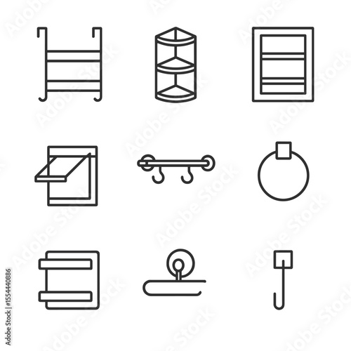 Space-Saving Icon Set. Outline icon set of space-saving solutions: over-the-door rack, corner rack, recessed rack, fold-down rack,