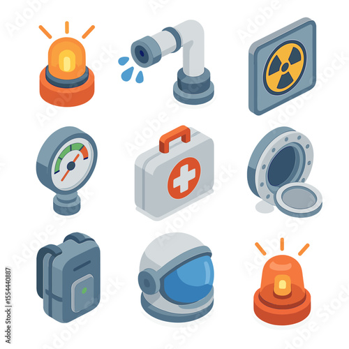 Space Tourism Safety Icons. Isometric Flat icon set of space tourism safety measures: emergency beacon, fire suppression nozzle,
