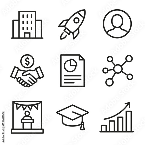 Startup Icons Set. Outline icon set of incubators and accelerators: building icon, acceleration rocket, mentor profile, funding