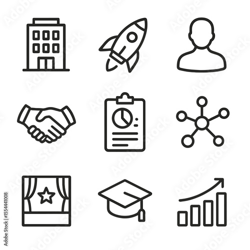 Startup Icons Set. Outline icon set of incubators and accelerators: building icon, acceleration rocket, mentor profile, funding