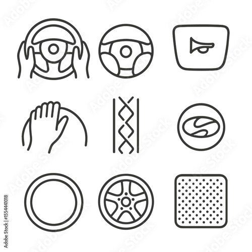 Steering Wheel Icon Set. Outline icon set of precise hand positioning POV: steering wheel, 10-and-2 hand marks, airbag cover, horn