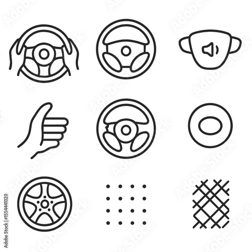 Steering Wheel Icon Set. Outline icon set of precise hand positioning POV: steering wheel, 10-and-2 hand marks, airbag cover, horn