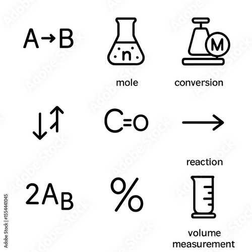 Stoichiometry Icon Set. Outline icon set of Stoichiometry Calculations: balanced equation, mole calculation, molar mass scale,