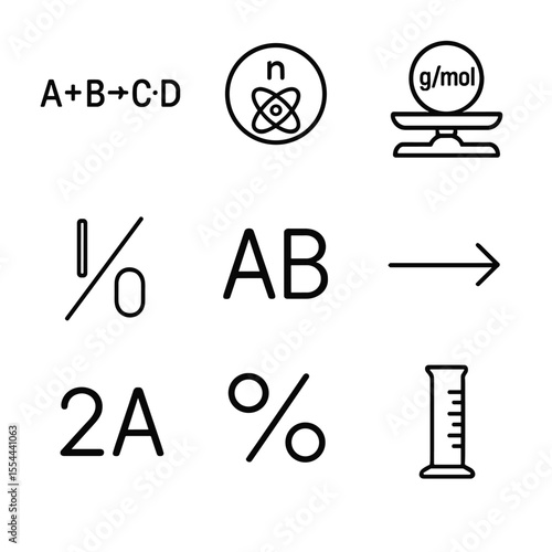 Stoichiometry Icon Set. Outline icon set of Stoichiometry Calculations: balanced equation, mole calculation, molar mass scale,