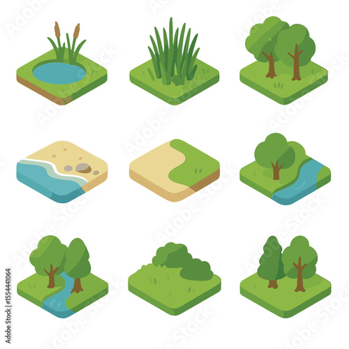 Stopover Habitat Icons. Isometric Flat icon set of stopover habitats and resting sites: wetland pond, marsh reeds, forest edge,