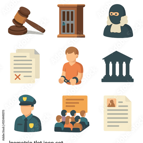 State Judiciary Icon Set. Isometric Flat icon set of state-controlled judiciary and show trials: shadowed gavel, trial podium with