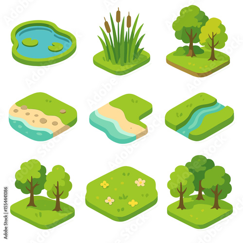 Stopover Habitat Icons. Isometric Flat icon set of stopover habitats and resting sites: wetland pond, marsh reeds, forest edge,