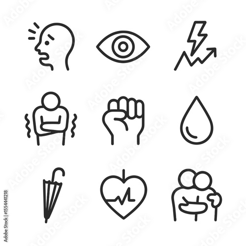 Storm Emotion Icons. Outline icon set of storm-induced emotions: fearful face silhouette, awestruck eye, adrenaline spike icon,