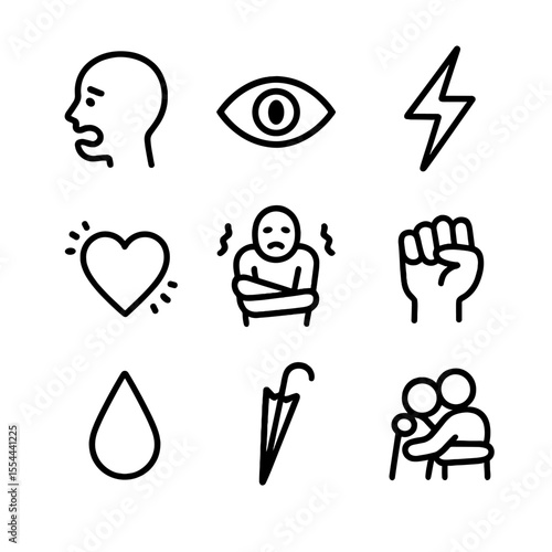 Storm Emotion Icons. Outline icon set of storm-induced emotions: fearful face silhouette, awestruck eye, adrenaline spike icon,