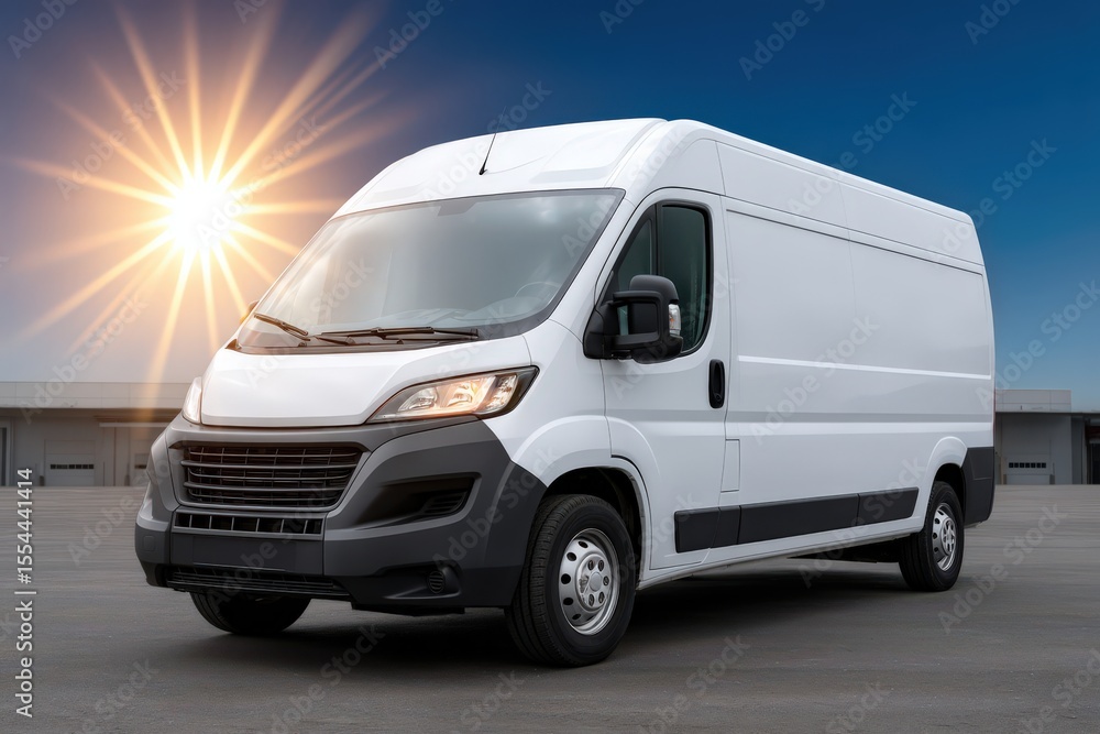Fototapeta premium Modern delivery van parked in an industrial setting under a bright sun reflecting on metallic surface showcasing transportation efficiency and commercial mobility solutions