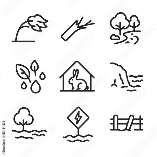 Storm Impact Icons. Outline icon set of storm impact on nature: bent-over tree, snapped branch, muddy forest trail, flooded
