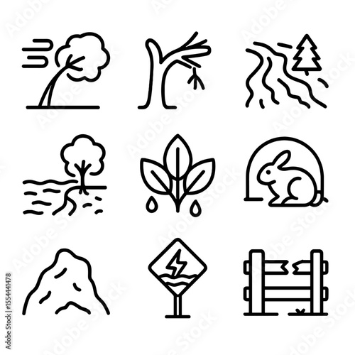 Storm Impact Icons. Outline icon set of storm impact on nature: bent-over tree, snapped branch, muddy forest trail, flooded